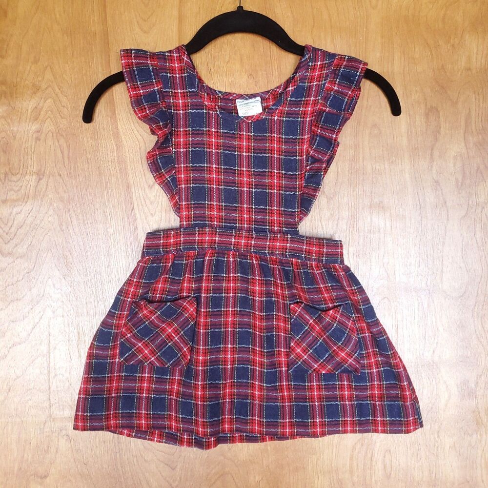 Vintage 80s Jumper Overall Dress Girls 6 Red Blue Plaid Wool Blend Ruffle